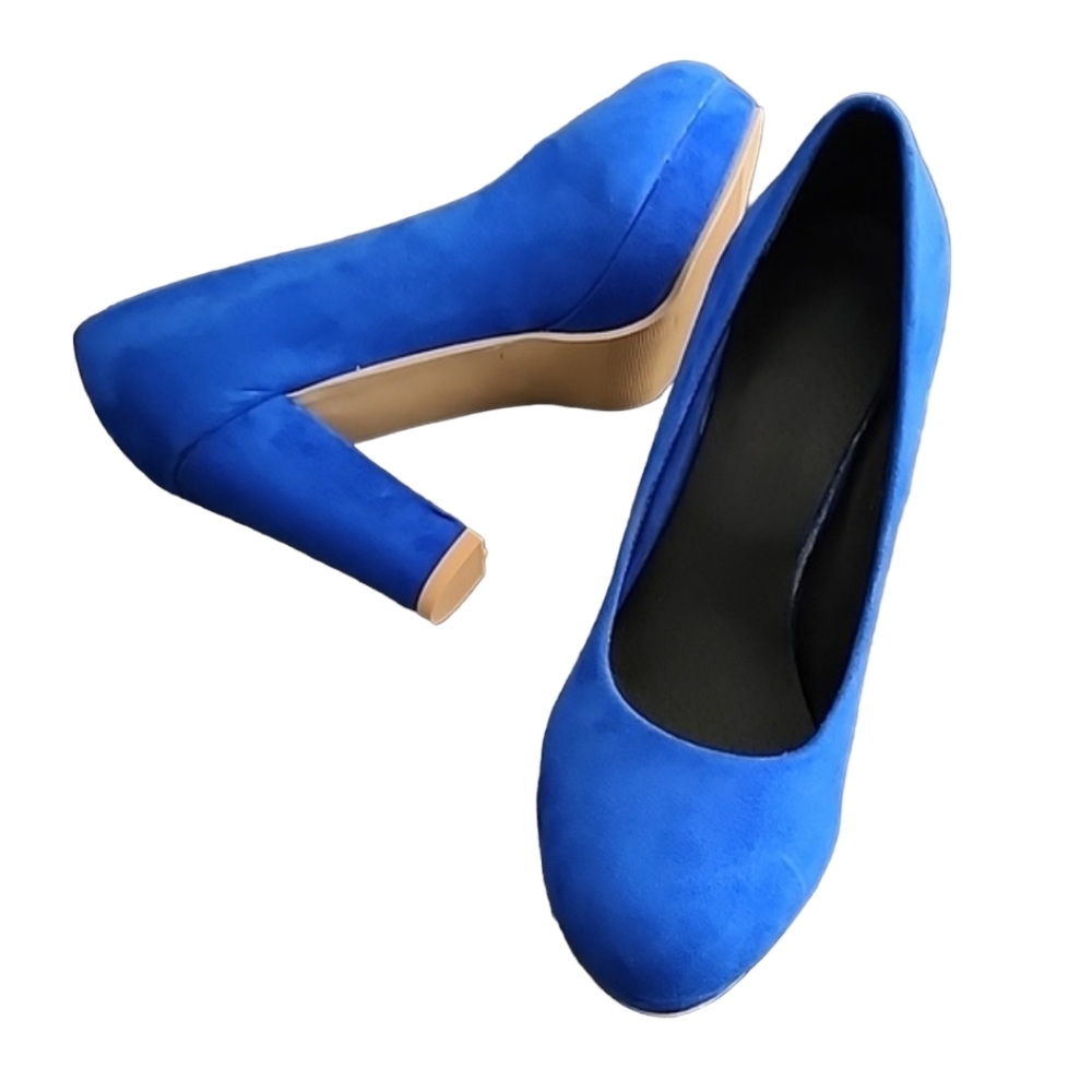 COBALT BLUE VEGAN SUEDE Platform Pumps 7.5 Heels Y2K Vibe Chunky Heel - Picture 8 of 16